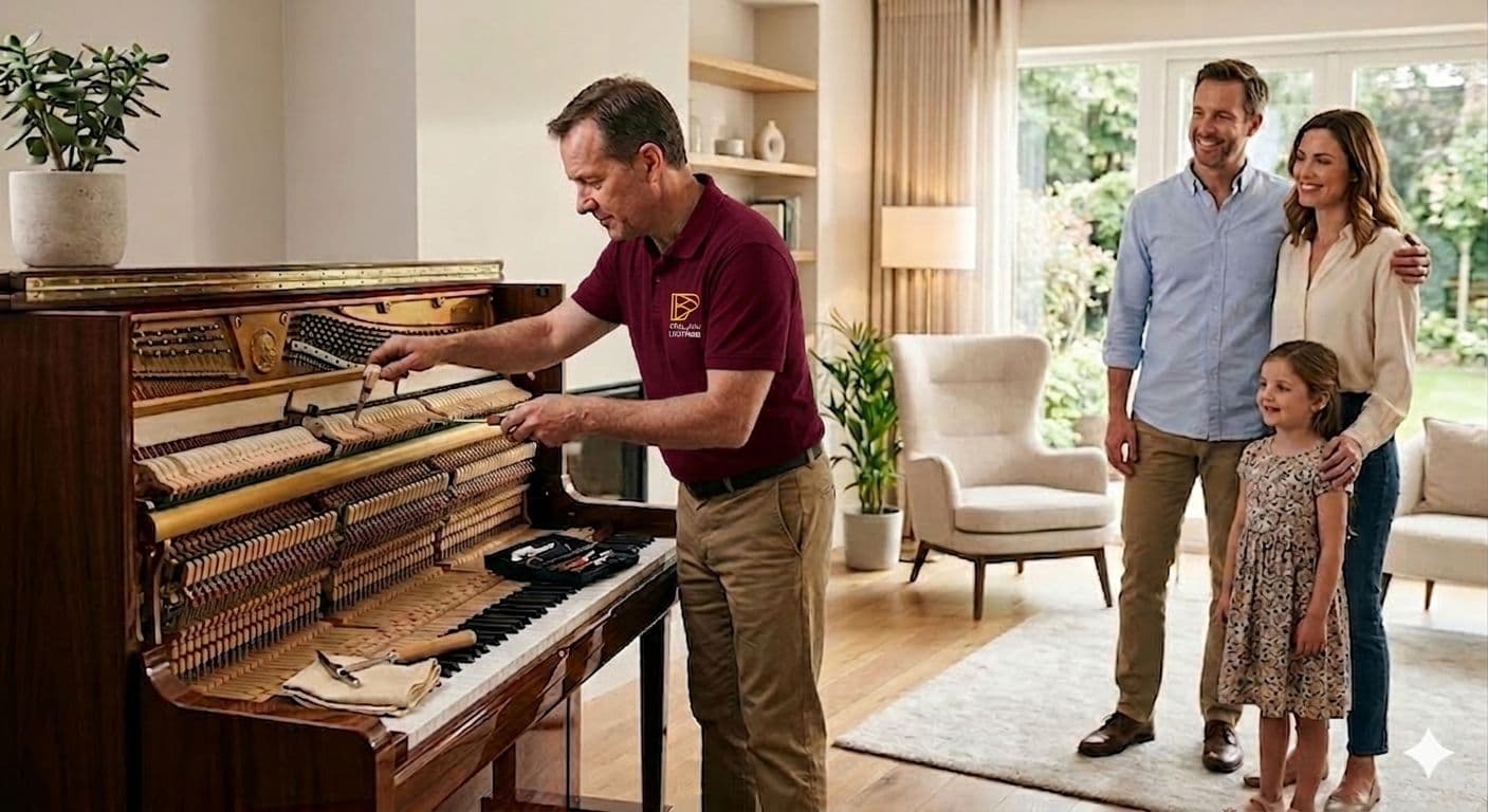 Professional piano technician servicing an upright piano in the customer's home, with the family nearby—representing in-home warranty support from our qualified team.